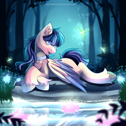 Size: 2222x2222 | Tagged: safe, artist:airiniblock, oc, oc only, oc:eun byeol, dragonfly, pegasus, pony, rcf community, collar, female, freckles, glowing, high res, mare, open mouth, solo, tree, water, ych result