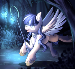 Size: 2165x1999 | Tagged: safe, artist:airiniblock, oc, oc only, oc:eun byeol, dragonfly, pegasus, pony, rcf community, collar, female, freckles, glowing, grass, mare, net, open mouth, solo, tree, ych result
