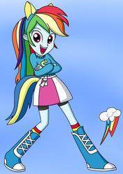 Size: 794x1123 | Tagged: safe, artist:the-sakura-samurai, rainbow dash, equestria girls, g4, my little pony equestria girls, blue background, boots, clothes, compression shorts, crossed arms, cute, cutie mark, cutie mark background, female, open mouth, pony ears, school spirit, shoes, shorts, simple background, skirt, socks, solo, sweater, wondercolts