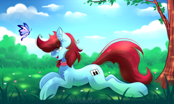 Size: 2987x1780 | Tagged: safe, artist:airiniblock, oc, oc only, butterfly, earth pony, pony, rcf community, cloud, collar, commission, female, flower, grass, mare, open mouth, sky, solo, tree