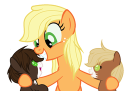 Size: 948x692 | Tagged: safe, artist:eclipsedesert, applejack, oc, oc:clove, oc:jack, earth pony, pony, g4, baby, baby pony, base used, colt, female, filly, grin, loose hair, male, mommajack, mother and child, offspring, parent:applejack, parent:trouble shoes, parents:troublejack, side hug, simple background, smiling, white background