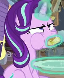 Size: 590x719 | Tagged: safe, screencap, starlight glimmer, pony, unicorn, g4, road to friendship, angry, cropped, eating, female, glowing horn, haycakes, horn, magic, magic aura, mare, solo, telekinesis, trixie's wagon