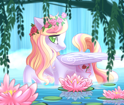 Size: 2220x1878 | Tagged: safe, artist:airiniblock, oc, oc only, oc:rosely, pegasus, pony, rcf community, cottagecore, cute, female, flower, flower in hair, looking at you, mare, smiling, solo, tree, water, waterfall, ych result