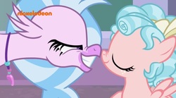 Size: 639x355 | Tagged: safe, screencap, cozy glow, silverstream, classical hippogriff, hippogriff, pegasus, pony, g4, what lies beneath, boop, duo, female, filly, mid-blink screencap, nickelodeon, noseboop