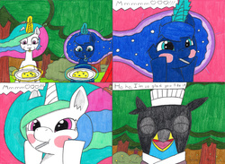 Size: 4317x3160 | Tagged: safe, artist:eternaljonathan, princess celestia, princess luna, oc, oc:nemo, alicorn, griffon, pony, comic:first three back, g4, chef, clothes, comic, disguise, eating, egg, food, forest, guardian, levitation, magic, nest, royal sisters, telekinesis, this will end in weight gain, traditional art