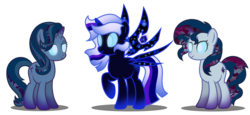 Size: 3685x1699 | Tagged: safe, artist:stellardusk, starlight glimmer, sunset shimmer, twilight sparkle, alicorn, pony, unicorn, g4, alternate hairstyle, artificial wings, augmented, female, glowing eyes, magic, magic wings, mare, simple background, transparent background, trio, twilight sparkle (alicorn), vector, void, void elf, void pony, warcraft, wings, world of warcraft