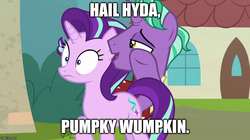 Size: 888x499 | Tagged: safe, edit, edited screencap, screencap, firelight, starlight glimmer, pony, unicorn, g4, the parent map, captain america, father and daughter, female, hail hydra, horn, male, meme, misspelling, pumpky wumpkin, stallion, whispering