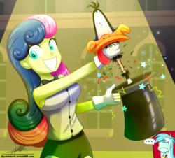Size: 1060x960 | Tagged: safe, artist:the-butch-x, bon bon, lyra heartstrings, sweetie drops, duck, all's fair in love & friendship games, equestria girls, g4, ..., background human, bowtie, commission, crossover, daffy duck, female, grin, hat, looney tunes, magic trick, signature, smiling, spotlight, top hat