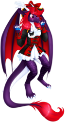 Size: 1024x1877 | Tagged: safe, artist:scarlet-spectrum, oc, oc only, oc:scarlet spectrum, dracony, hybrid, anthro, digitigrade anthro, anthro oc, blushing, bow, claws, clothes, digital art, dragon wings, female, hair bow, hat, horns, mare, pirate, pirate costume, pirate hat, red hair, red mane, red tail, simple background, solo, transparent background