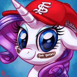 Size: 1800x1800 | Tagged: safe, artist:whitediamonds, rarity, pony, unicorn, g4, baseball cap, bust, cap, eye black (makeup), eyeshadow, face paint, female, fresno state bulldogs, hat, looking at you, makeup, mare, smiling, solo