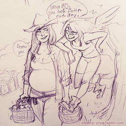 Size: 960x960 | Tagged: safe, artist:schpog, applejack, rainbow dash, human, g4, apple, apple basket, apple tree, applejack's hat, belly, big belly, boob freckles, breasts, chest freckles, cleavage, cowboy hat, dialogue, duo, duo female, female, flying, food, freckles, hat, humanized, monochrome, outdoors, preggo jack, pregnant, requested art, sketch, speech bubble, spread wings, traditional art, tree, winged humanization, wings