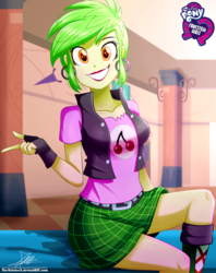 Size: 920x1160 | Tagged: safe, artist:the-butch-x, part of a set, cherry crash, human, equestria girls, g4, background human, boots, breasts, busty cherry crash, butch's hello, clothes, crashabetes, cute, ear piercing, earring, equestria girls logo, female, fingerless gloves, gloves, jewelry, leather vest, looking at you, miniskirt, piercing, plaid skirt, rocker, sexy, shoes, sitting, skirt, smiling, solo, thighs
