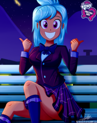 Size: 920x1160 | Tagged: safe, artist:the-butch-x, part of a set, frosty orange, equestria girls, g4, my little pony equestria girls: friendship games, background human, bowtie, butch's hello, clothes, crystal prep academy uniform, cute, female, grin, looking at you, night, plaid skirt, pleated skirt, school uniform, schrödinger's pantsu, sitting, skirt, smiling, solo, thighs