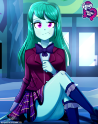 Size: 920x1160 | Tagged: safe, artist:the-butch-x, part of a set, cold forecast, equestria girls, g4, my little pony equestria girls: friendship games, ass, background human, big breasts, bowtie, breasts, busty cold forecast, butch's hello, butt, clothes, cold forec-ass, cold forecast is not amused, crystal prep academy uniform, equestria girls logo, female, kneesocks, looking at you, plaid skirt, pleated skirt, raised eyebrow, school uniform, schrödinger's pantsu, skirt, skirt lift, socks, solo, thighs, unamused, unimpressed, upskirt, upskirt denied