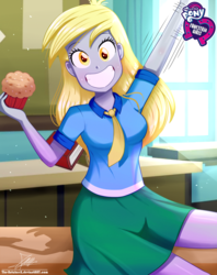 Size: 920x1160 | Tagged: safe, artist:the-butch-x, part of a set, derpy hooves, human, equestria girls, g4, background human, big grin, butch's hello, clothes, cute, equestria girls logo, female, food, green skirt, grin, looking at you, muffin, school uniform, signature, sitting, skirt, smiling, snack, solo, waving
