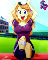 Size: 920x1160 | Tagged: safe, artist:the-butch-x, part of a set, orange sherbette, equestria girls, g4, athletic tape, background human, ball, breasts, busty orange sherbette, butch's hello, clothes, cute, female, leg band, looking at you, open mouth, shorts, sitting, smiling, solo, sports, sweat