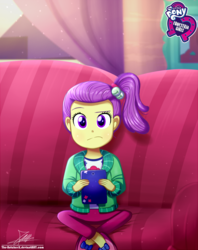 Size: 920x1160 | Tagged: safe, artist:the-butch-x, part of a set, lily pad (g4), human, equestria girls, g4, my little pony equestria girls: better together, pinkie sitting, background human, butch's hello, clothes, couch, crossed legs, cute, equestria girls logo, female, looking at you, raised eyebrow, sitting, solo, stranger danger