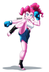 Size: 2720x4000 | Tagged: safe, artist:danmakuman, part of a set, pinkie pie, human, equestria girls, g4, barefoot, boxing gloves, boxing shorts, clothes, commission, feet, female, foot pad, kickboxing, kicking, martial arts, muscles, pinkie pump, raised leg, simple background, smiling, solo, sports bra, sports shorts, training, transparent background