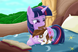 Size: 3205x2160 | Tagged: safe, artist:lifesharbinger, pipsqueak, twilight sparkle, earth pony, pony, unicorn, g4, bed, book, colt, cute, female, golden oaks library, high res, hooficure, male, mama twilight, mare, pillow, platonic, prone, reflection, shiny, twipip