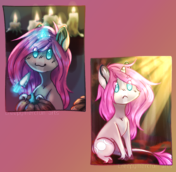 Size: 920x897 | Tagged: safe, artist:creepymercfun, oc, oc only, oc:tarot, classical unicorn, pony, unicorn, autumn, candle, chibi, cloven hooves, curved horn, cute, digital art, female, floppy ears, freckles, frown, halloween, horn, knife, leonine tail, long mane, long tail, magic, mare, owo, palomino, pink mane, pumpkin, pumpkin carving, sitting, solo, sunlight, unshorn fetlocks, ych result