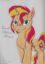 Size: 1700x2394 | Tagged: safe, artist:chiptunebrony, sunset shimmer, equestria girls, g4, 2018, bacon hair, bedroom eyes, cutie mark, female, handwritten text, mare, signature, smiling, sunset shimmer day, traditional art