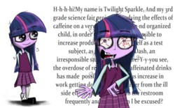 Size: 2000x1236 | Tagged: safe, artist:chopsticks, sci-twi, twilight sparkle, human, equestria girls, g4, adoracreepy, adorkable, bloodshot eyes, caffeine, caffeine overload, child, clothes, colored, creepy, cute, dialogue, dork, female, for science, missing accessory, need to pee, obscured text, pleated skirt, potty time, school uniform, science fair, skirt, sleep deprivation, socks, stuttering, twiabetes, younger
