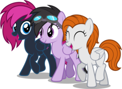 Size: 2494x1813 | Tagged: safe, artist:zacatron94, oc, oc only, oc:chloe jones, oc:neon flare, oc:sky chase, pegasus, pony, female, goggles, mare, simple background, transparent background, vector