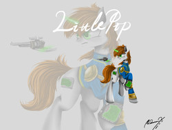 Size: 4096x3112 | Tagged: safe, artist:mcqueen, oc, oc only, oc:littlepip, pony, unicorn, fallout equestria, clothes, cutie mark, fanfic, fanfic art, female, glowing horn, gun, handgun, hooves, horn, jumpsuit, levitation, little macintosh, looking back, magic, mare, optical sight, pipbuck, raised hoof, revolver, solo, telekinesis, text, vault suit, weapon, zoom layer