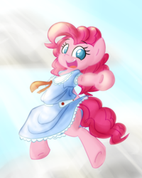 Size: 1200x1500 | Tagged: safe, artist:spheedc, pinkie pie, earth pony, semi-anthro, g4, arm hooves, bipedal, clothes, cloud, cute, diapinkes, digital art, dress, female, looking at you, mare, reaching, smiling, solo