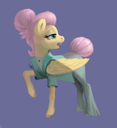 Size: 1280x1405 | Tagged: safe, artist:lynxwolf, fluttershy, pegasus, pony, fake it 'til you make it, g4, alternate hairstyle, clothes, female, raised hoof, severeshy, simple background, solo, wings