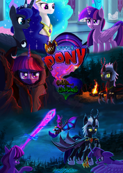 Size: 752x1063 | Tagged: safe, artist:malajahr, princess celestia, princess luna, twilight sparkle, oc, oc:fallenlight, alicorn, pony, comic:curse and madness, g4, amulet, anger magic, angry, armor, bat wings, bonfire, canterlot castle, canterlot castle interior, cloak, clothes, cloud, color porn, cover, cover art, creepy, crown, cultist, dark, defeated, fangs, fire, forest, gauntlet, glowing horn, golden eyes, golden ring, hatred, helmet, hiding, hiding in plain sight, hooded cape, horn, illuminated, logo, magic, membranous wings, mlpcam, night, peytral, red eyes, regalia, ring, ritual, seething, shoes, signature, sky, tree, twilight sparkle (alicorn)