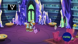 Size: 1920x1080 | Tagged: safe, screencap, rockhoof, spike, twilight sparkle, alicorn, dragon, earth pony, pony, a rockhoof and a hard place, g4, female, library, male, mare, rockhoof's shovel, stallion, twilight sparkle (alicorn), twilight's castle, twilight's castle library, winged spike, wings