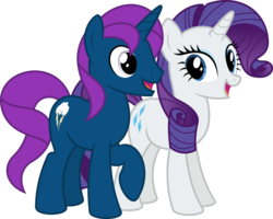 Size: 8000x6400 | Tagged: safe, artist:parclytaxel, rarity, oc, oc:thunder glade, pony, unicorn, g4, .svg available, absurd resolution, alternate hairstyle, commission, female, makeover, male, mare, simple background, smiling, stallion, transparent background, vector