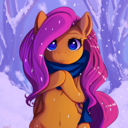 Size: 4000x4000 | Tagged: safe, artist:miokomata, fluttershy, pegasus, pony, g4, beautiful, belly button, bipedal, clothes, cute, female, freckles, hooves to the chest, looking at you, mare, scarf, snow, snowfall, solo, wrong eye color