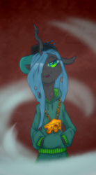 Size: 880x1600 | Tagged: safe, artist:kovoranu, queen chrysalis, changeling, changeling queen, semi-anthro, g4, abstract background, bust, cap, cheeselegs, clothes, female, gold chains, hair over one eye, hat, hoodie, lidded eyes, looking at you, smiling, solo