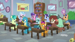 Size: 1920x1080 | Tagged: safe, screencap, berry bliss, fine catch, gallus, november rain, ocellus, sandbar, silverstream, smolder, yona, classical hippogriff, griffon, hippogriff, pony, a rockhoof and a hard place, g4, friendship student, student six