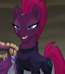 Size: 219x247 | Tagged: safe, screencap, tempest shadow, pony, g4, my little pony: the movie, animated, armor, beautiful, broken horn, cropped, easy as pie, eye scar, female, horn, invasion, mare, mohawk, scar, solo