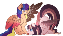 Size: 2475x1407 | Tagged: safe, artist:vintage-owll, oc, oc only, oc:rose star, oc:tessa, pegasus, pony, bow, female, hair bow, hoof licking, interdimensional siblings, licking, mare, offspring, parent:flash sentry, parent:twilight sparkle, parents:flashlight, signature, simple background, sisters, transparent background, watermark