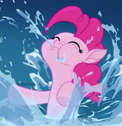 Size: 518x535 | Tagged: safe, screencap, pinkie pie, earth pony, pony, g4, my little pony: the movie, cropped, eyes closed, female, mare, puffy cheeks, solo, spitting, water