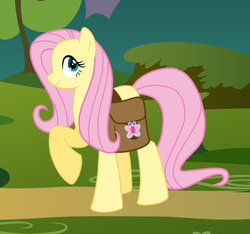 Size: 1399x1311 | Tagged: safe, artist:mother-of-trolls, fluttershy, pegasus, pony, g4, female, looking at you, mare, profile, raised hoof, saddle bag, solo, standing