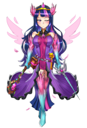 Size: 800x1167 | Tagged: safe, artist:tzc, twilight sparkle, human, g4, book, brighid, clothes, commission, crossover, female, humanized, kagutsuchi, one eye closed, scepter, solo, staff, sword, twilight scepter, twilight sparkle (alicorn), video game crossover, weapon, xenoblade chronicles (series), xenoblade chronicles 2