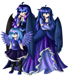 Size: 1580x1765 | Tagged: safe, artist:kawurin, nightmare moon, princess luna, human, g4, clothes, dress, female, horn, horned humanization, humanized, lunar trinity, self paradox, simple background, skirt, transparent background, winged humanization, wings, woona, younger