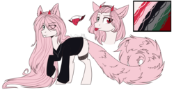 Size: 2300x1200 | Tagged: safe, artist:cloud-fly, oc, oc only, earth pony, pony, clothes, eye clipping through hair, fangs, heterochromia, jewelry, long mane, male, necklace, piercing, reference sheet, shirt, simple background, snake bites, solo, stallion, tongue out, tongue piercing, transparent background