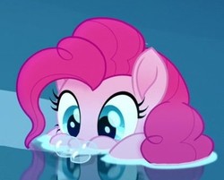 Size: 417x335 | Tagged: safe, screencap, pinkie pie, earth pony, pony, g4, my little pony: the movie, blowing bubbles, cropped, cute, diapinkes, female, horses doing horse things, mare, puffy cheeks, solo, water