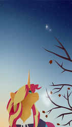 Size: 1252x2205 | Tagged: safe, artist:petalierre, sunset shimmer, pony, unicorn, g4, clothes, female, horn, lineless, looking up, mare, smiling, solo, stars, sunset shimmer day, tree