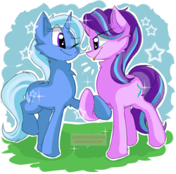 Size: 1204x1191 | Tagged: safe, artist:ifuntimeroxanne, starlight glimmer, trixie, pony, unicorn, g4, female, hoof hold, lesbian, looking at each other, one eye closed, ship:startrix, shipping, simple background, transparent background, watermark, wink