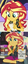 Size: 468x1061 | Tagged: safe, edit, edited screencap, screencap, fluttershy, sunset shimmer, driving miss shimmer, equestria girls, equestria girls series, g4, the finals countdown, bacon hair, book, boots, clothes, cropped, cute, cutest pony alive, driving miss shimmer: rarity, element of empathy, female, high heel boots, image macro, jacket, leather, leather jacket, meme, notepad, pencil, shimmerbetes, shoes, skirt, smiling, sunset's note, truth, vest, writing