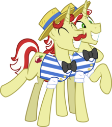 Size: 3000x3411 | Tagged: safe, artist:sollace, flam, flim, pony, unicorn, g4, .svg available, bow ties, clothes, cute, duo, facial hair, flim flam brothers, hat, high res, male, moustache, raised leg, simple background, smiling, stallion, transparent background, vector