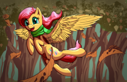 Size: 1728x1127 | Tagged: safe, artist:shaliwolf, fluttershy, pegasus, pony, g4, autumn, clothes, cute, female, flying, leaf, leaves, looking at you, mare, open mouth, scarf, shyabetes, smiling, solo, spread wings, tree, windswept mane, wings