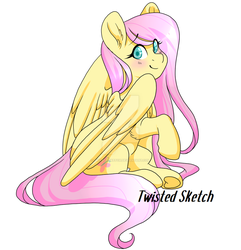 Size: 1024x1063 | Tagged: safe, artist:twisted-sketch, fluttershy, pegasus, pony, g4, blushing, cute, female, looking at you, looking sideways, mare, obtrusive watermark, raised hoof, shyabetes, simple background, sitting, smiling, solo, three quarter view, underhoof, watermark, white background, wings